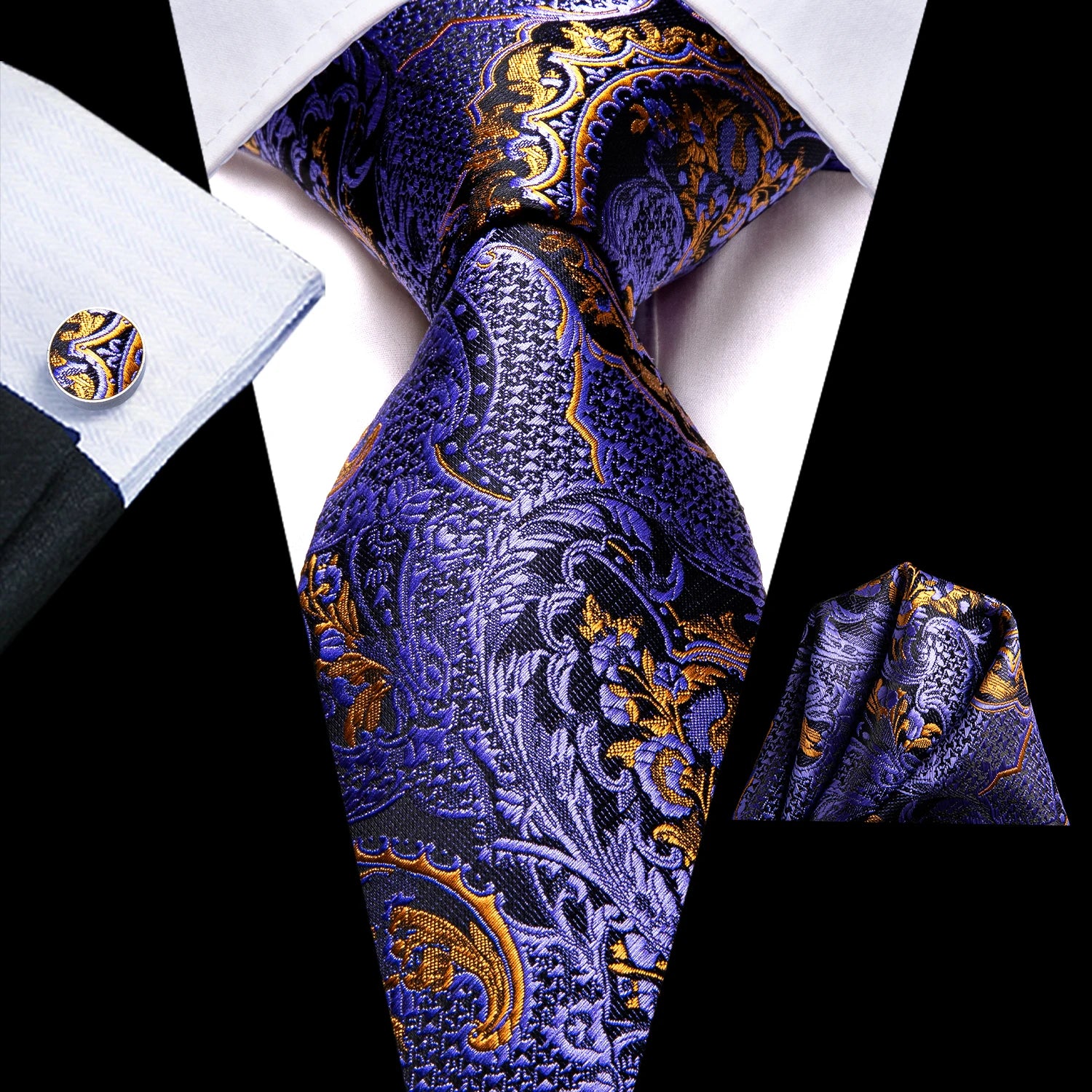 Hi-Tie 3pcs Mens Tie Purple Floral Stripes Solid Necktie Pocket Square Cufflinks Set Wedding Formal Casual Office Party Qme LDSN3210