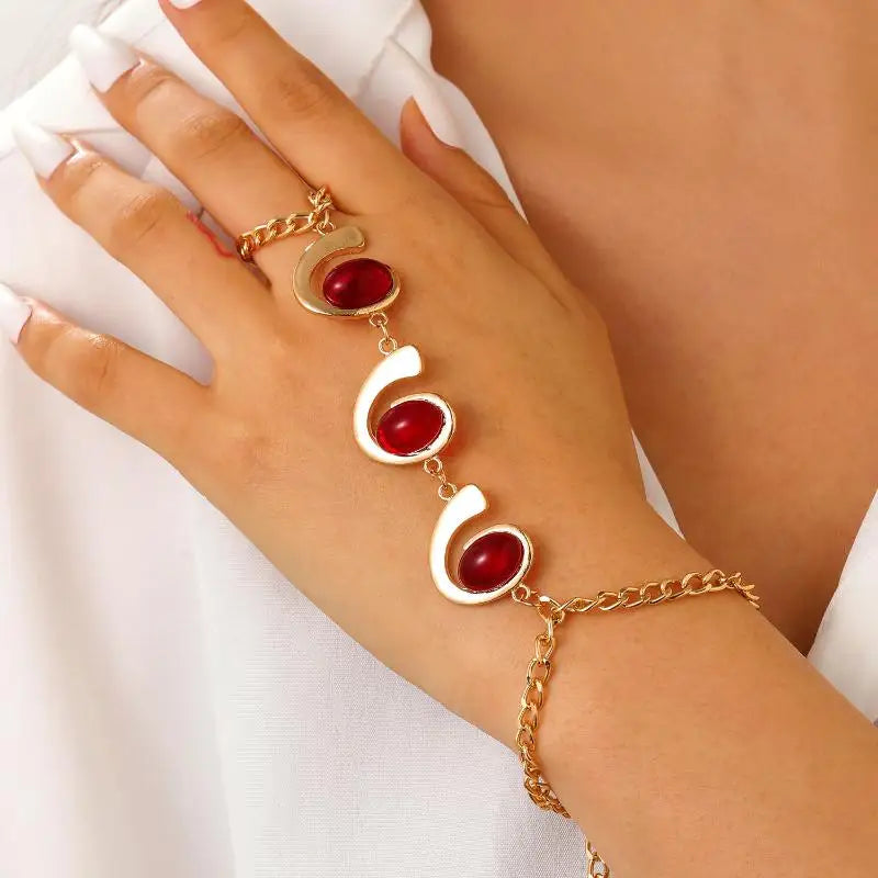 Women Gold Big Crystal Ring Bracelet Elegant Hand Chain Jewelry Adjustable Wrist Cuff for Special Occasions Qme A2