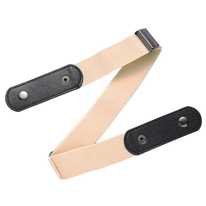 Buckle-free Waist Belt Jeans Pants No Buckle Stretch Elastic Women Qme Beige