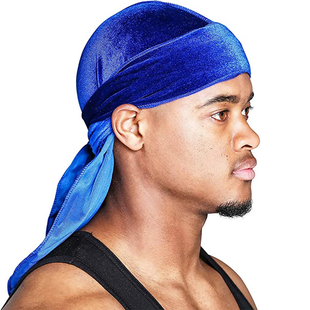 Men's Fashion Turbans Velvet Long Tail Braided Pirate Hat Outdoor Activity Personalized Bandana Turban Satin Elastic Headband Qme Blue One Size