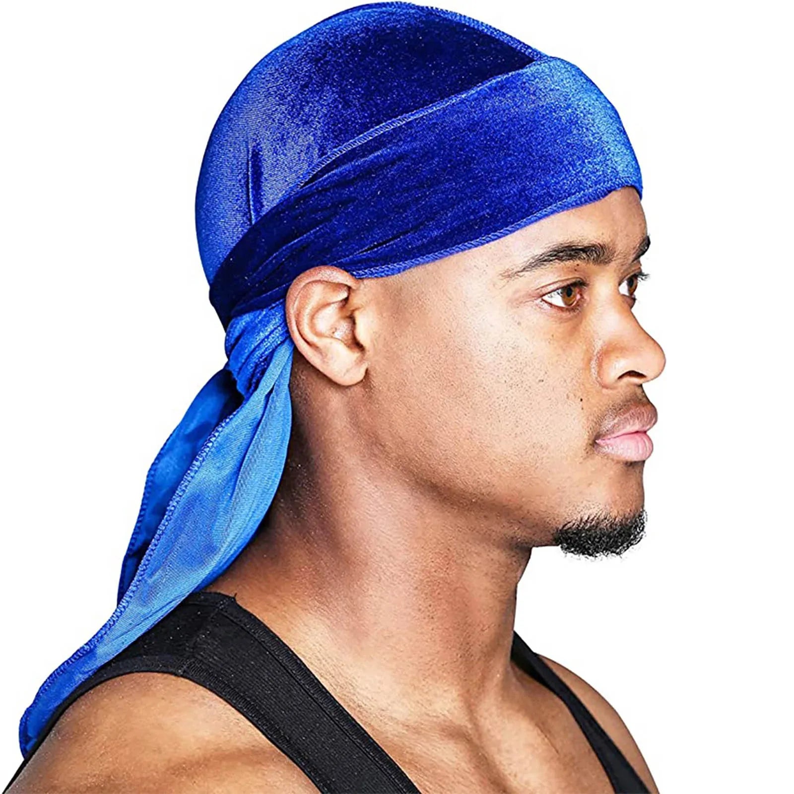 Men's Fashion Turbans Velvet Long Tail Braided Pirate Hat Outdoor Activity Personalized Bandana Turban Satin Elastic Headband Qme Blue One Size