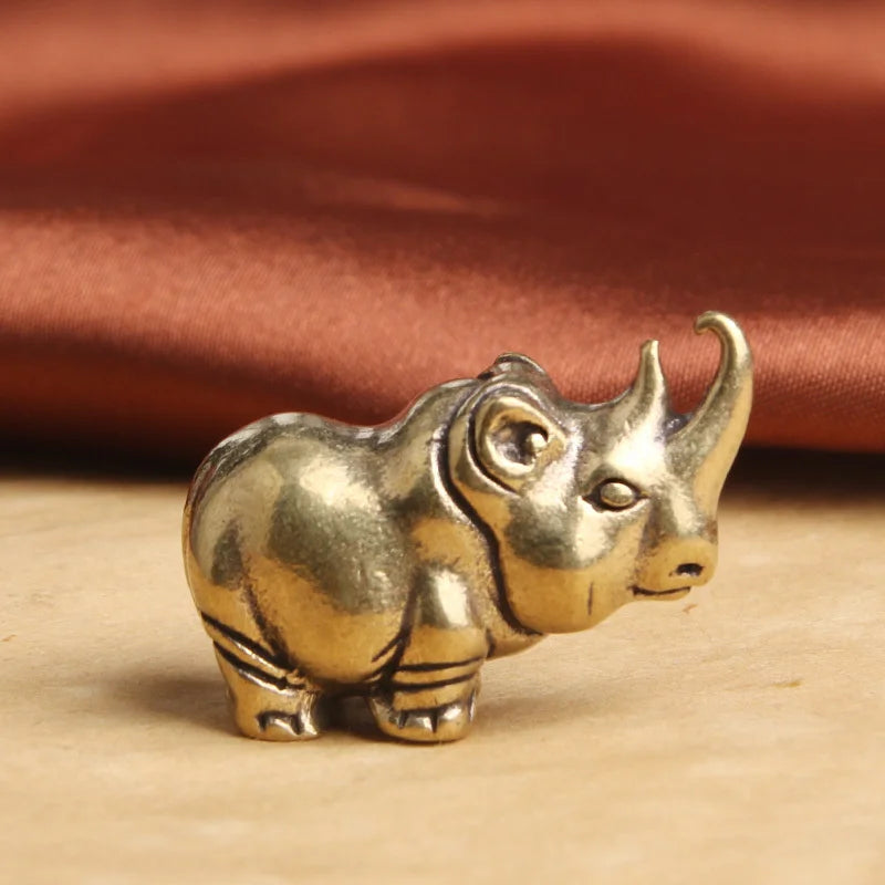 Antique Solid Brass Rhinoceros Figurine Desktop Decor Ornaments Tea Qme