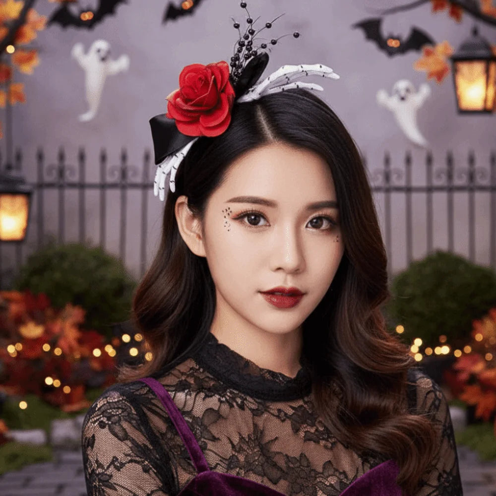 Red Rose Skeleton Hand Headband Black Bowknot Skeleton Bones Rose Flower Hairband Comfortable Fit Durable Plastic Qme