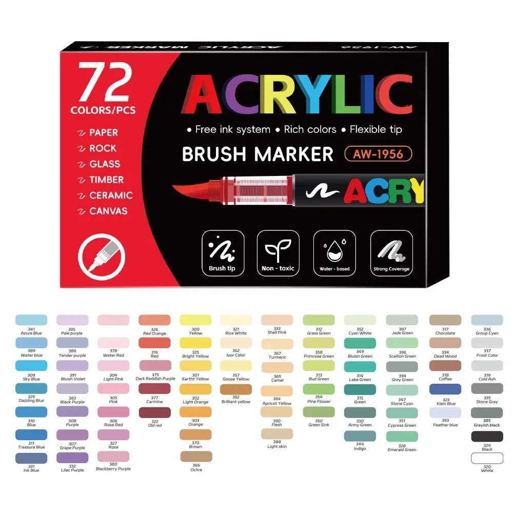 12-288 Colors Acrylic Paint Pens Markers Brush Tip Paint Markers for Rock Painting Wood Stone Glass Gift DIY Crafts Qme 72 Colors