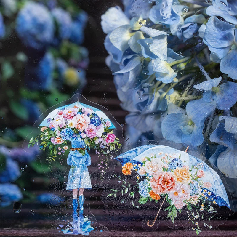 15 Sheets/bag Umbrella Floral PET Stickers for Scrapbooking DIY Journal Planner Collage Art Phone Case Notebook Decoration Qme