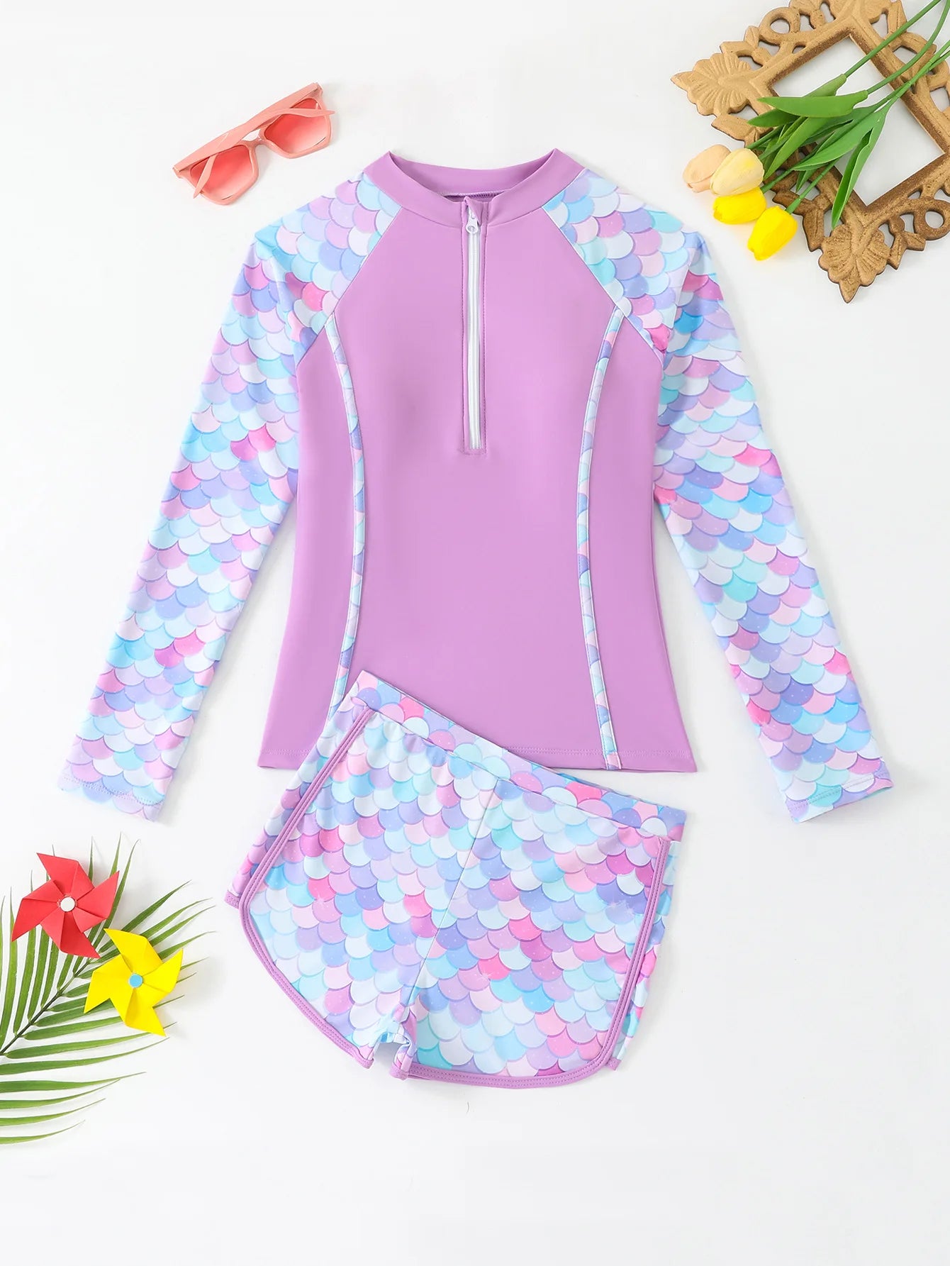 Girls Swimsuit 2025 Pink Long Sleeve Rash Guard Shirts Children Swimwear Summer Kids Beach Wear Shorts Quick-Dry Bathing Suit Qme PURPLE 150