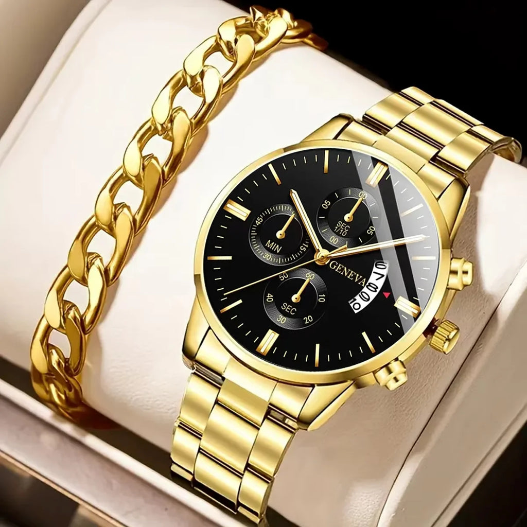 2PCS/SET Fashion Men's Watch Business Trend Versatile Quartz Watch Bracelet Set is The Perfect Gift Set For Friends or Fathers Qme