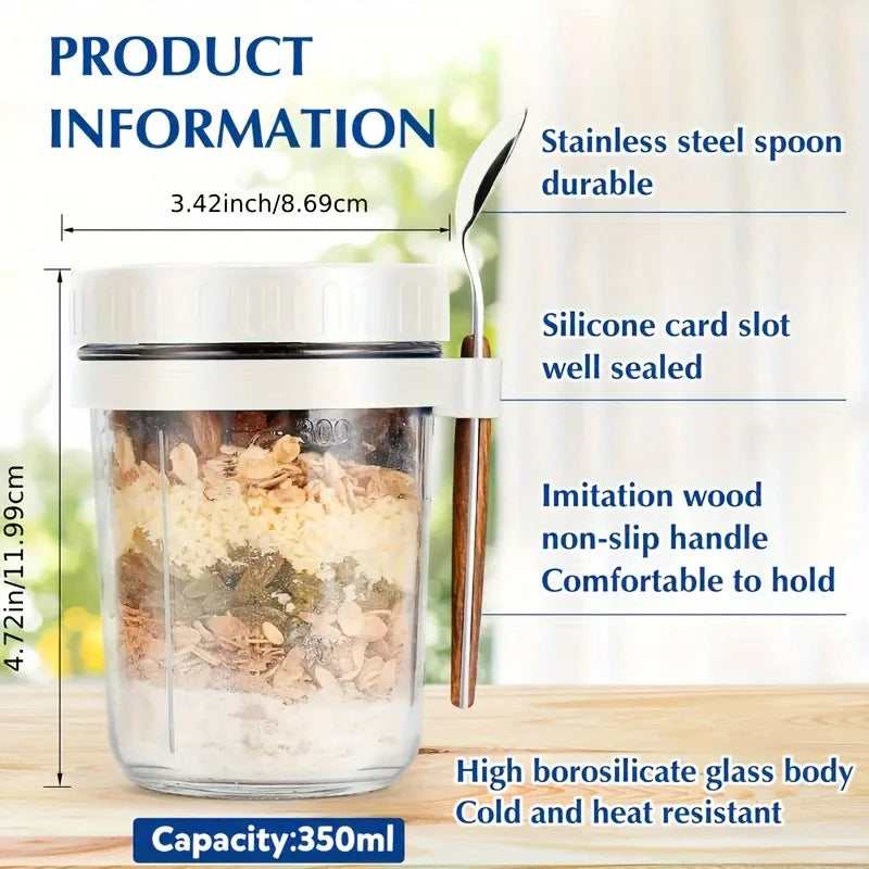 Glass Oatmeal Cup Overnight Oats Container Lid Spoon Cereal Milk Qme