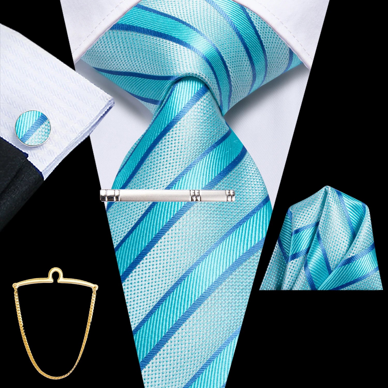 Hi-Tie Men's Smart Business Tie Set 5 Pcs - Striped Tie, Handkerchief, Cufflinks, Lapel Clip, Chain Qme QQ-3746