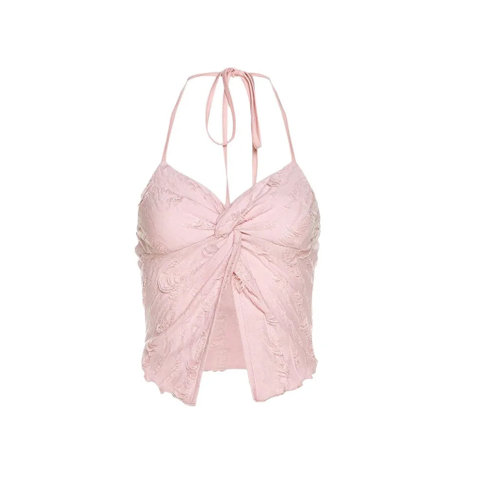 Elegant Backless Summer Y2k Camisole Sleeveless Beach Wear Hollow Qme Pink S