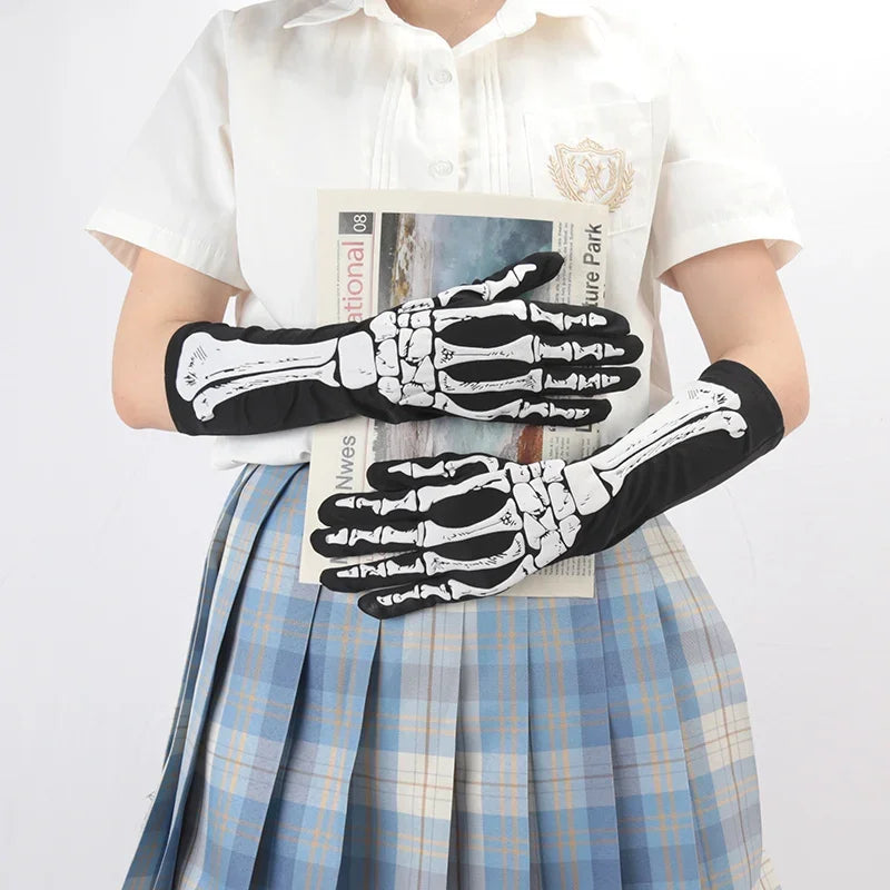 Black Punk Long Gloves Unisex Halloween Skeleton Skull Half Finger Qme