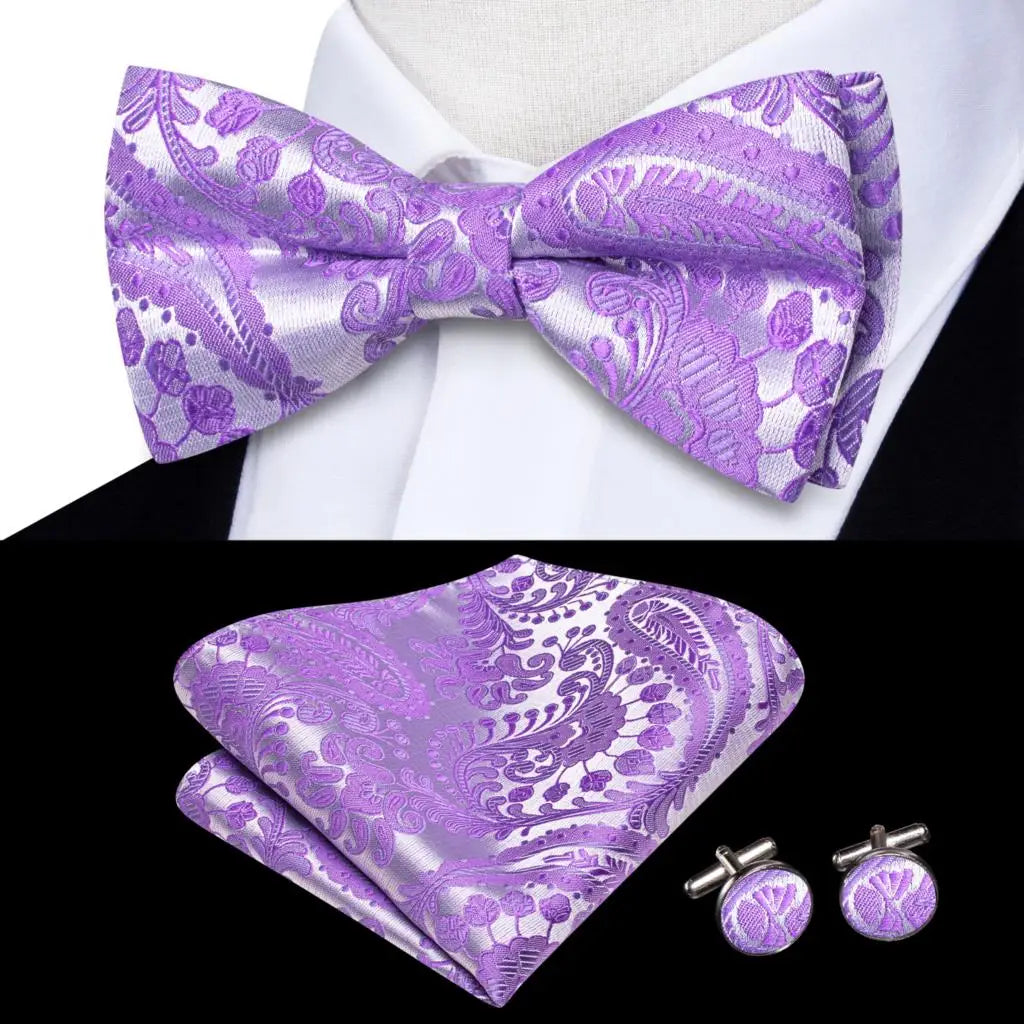 Purple Lilac Lavender Pansy Violet Silk Mens Bow Tie Hanky Cuffs Set Pre-tied Butterfly Knot Bowtie for Male Wedding Business Qme LDLH2542