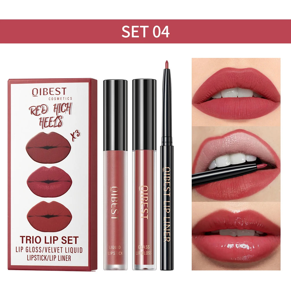 QIBEST Matte Liquid Lipstick&Lip Liner&Lip Gloss 3Pcs Sets Long Lasting Non-stick Cup Red Black Purple Lip Tint Cosmetics Kits Qme 04