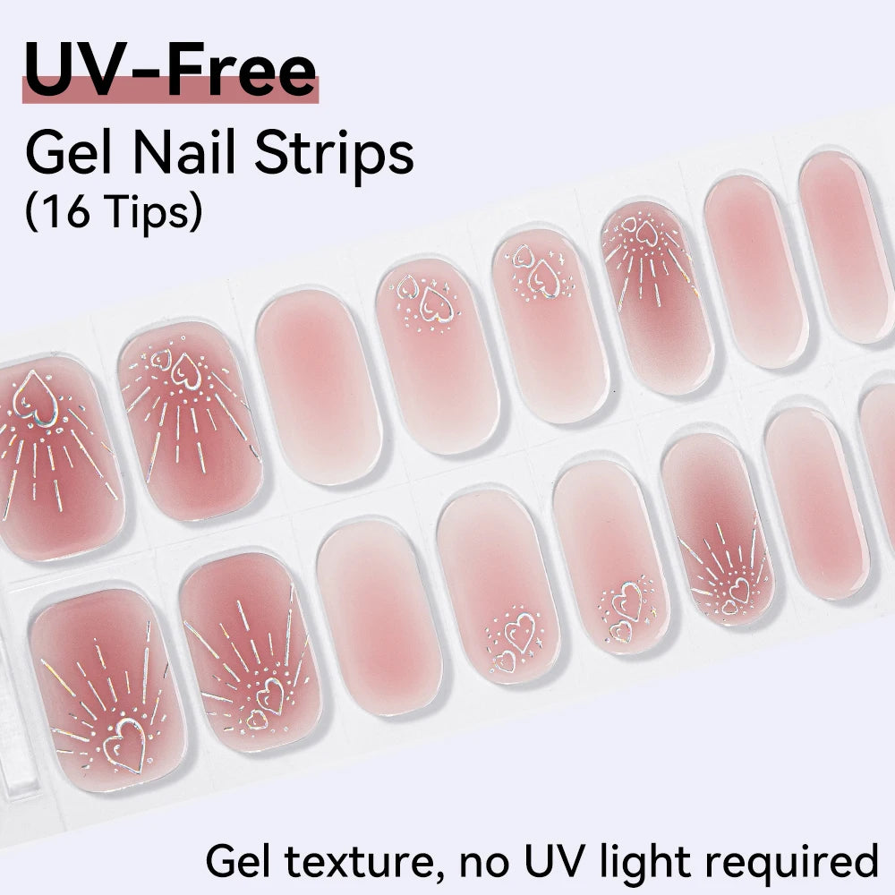 16Tips Pink Red French UV-Free Gel Nail Stickers Sparkly Shinning Qme CMK-0017