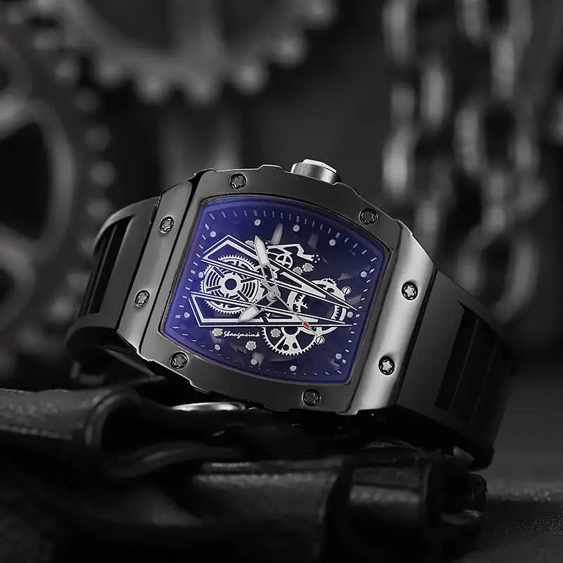 Hollow-out Richard Barrel-shaped Quartz Watch Men Silicone Strap Qme