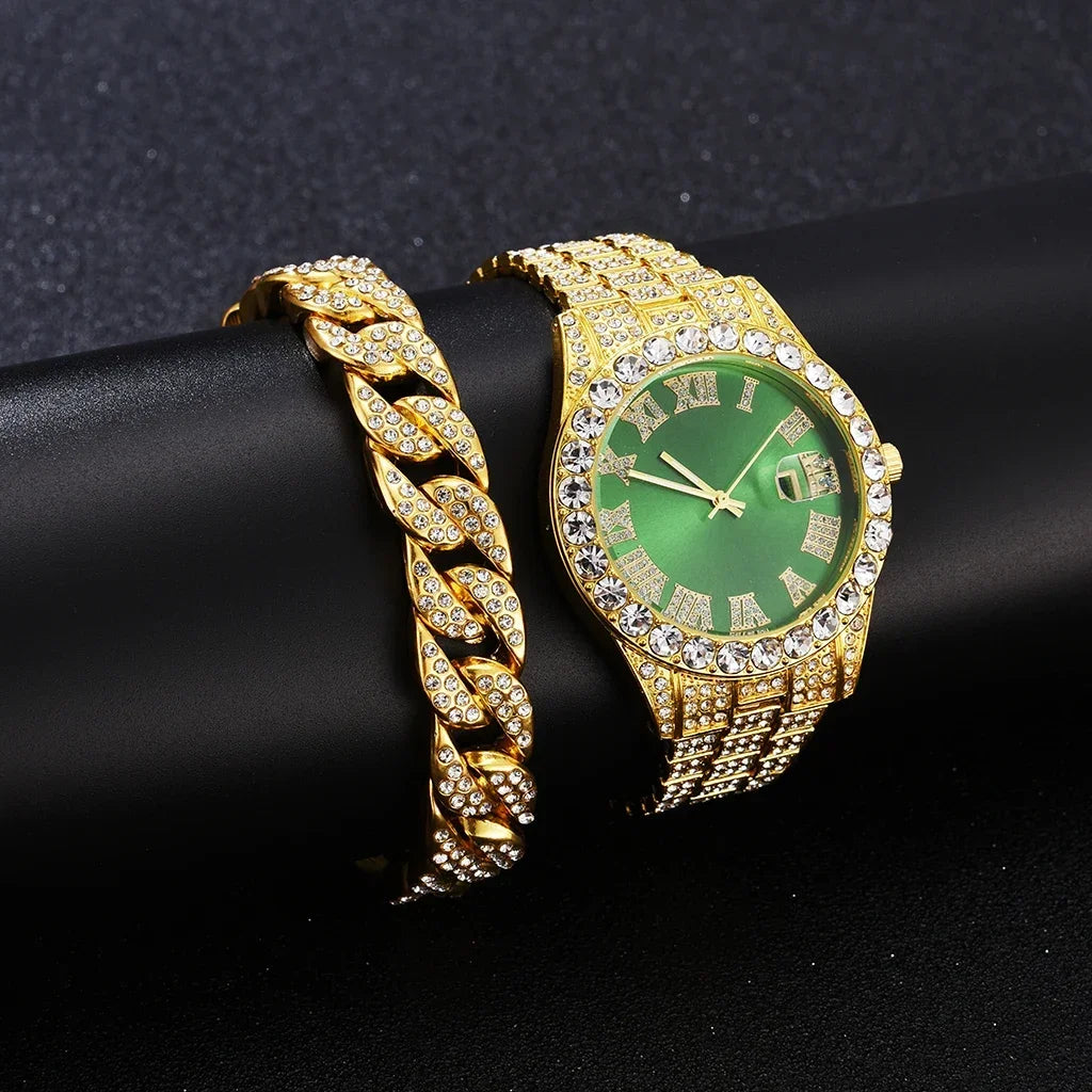 Iced Out Watch Men Luxury Brand Full Diamond Mens Watches AAA CZ Quartz Men's Watch Waterproof Hip Hop Male Clock Gift for Men Qme Gold Green Set
