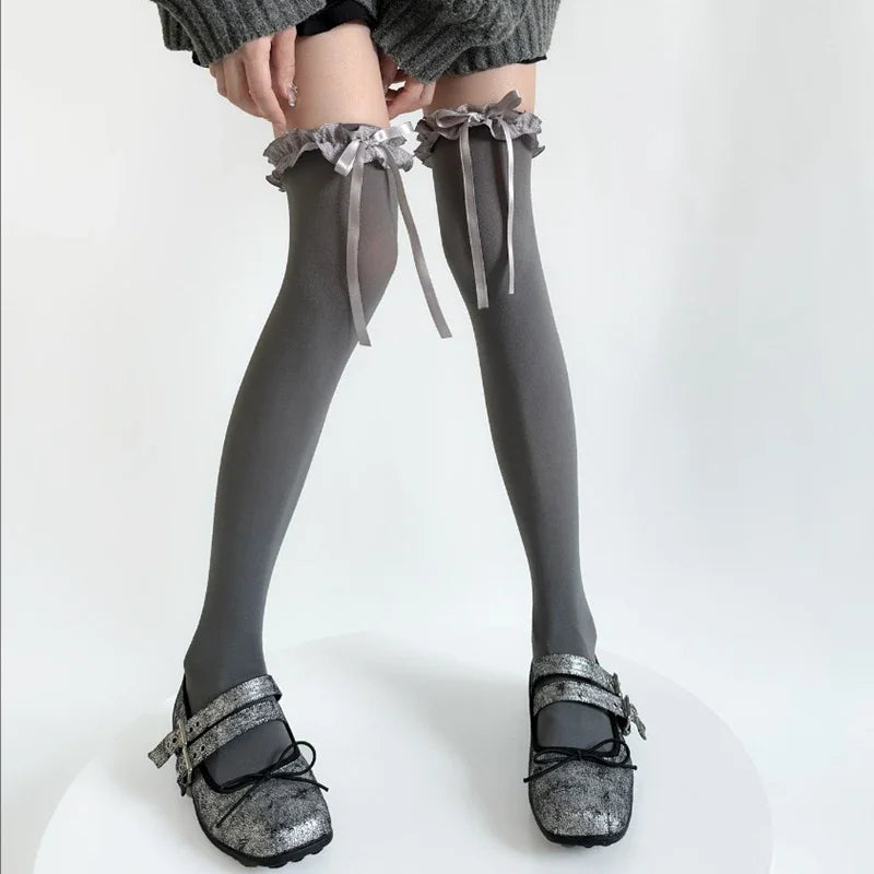 Women Lace Black White Ruffle Long Socks Girls Sweet Stockings JK Qme GRAY One Size