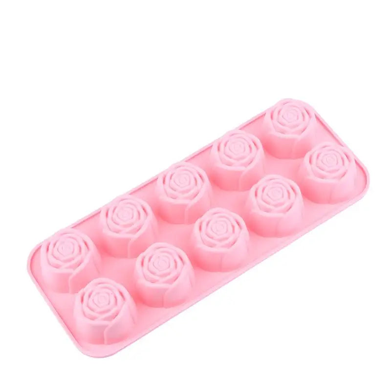 10-Cavity Silicone Rose Cake Mold Nonstick Reusable Baking Pan DIY Qme Pink