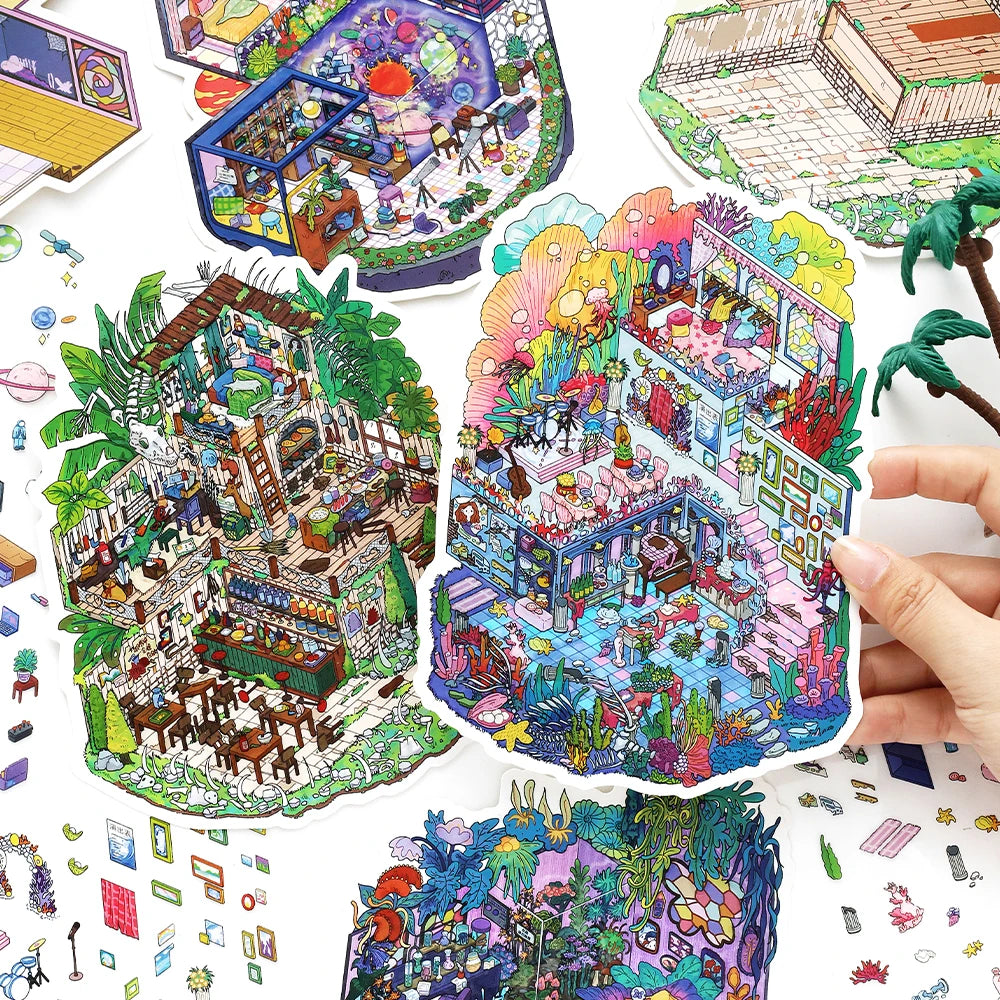 3 Sheets/Bag Fantasy House Miniature Scene Stickers PET+White Card 2.5D Stress Relief Game Stickers for DIY Craft, Birthday Gift Qme