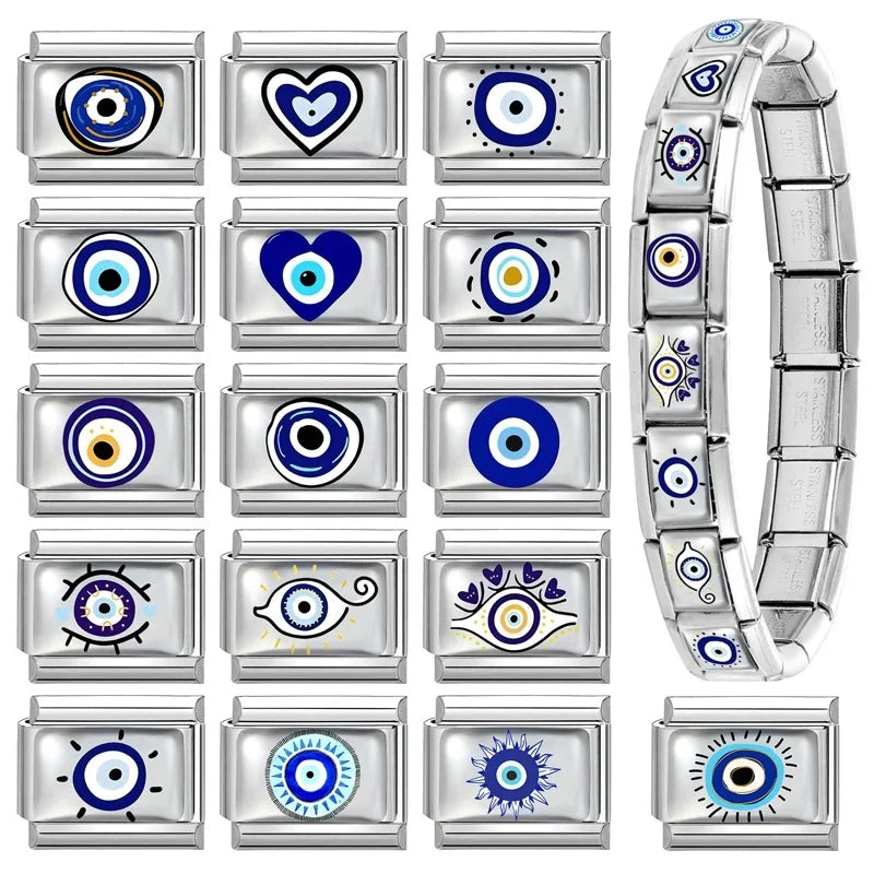 Wholesale Women Fashion Blue Pattern Sea Wave Blueberry Eyes Italian Charm Fit 9mm Stainless Steel Bracelet Jewelry Making DIY Qme