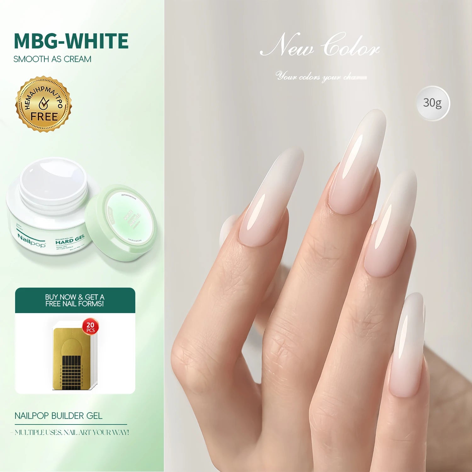 Nailpop Builder Gel Milky Extension UV LED Cured Acrylic Nails Long Qme MBG-White