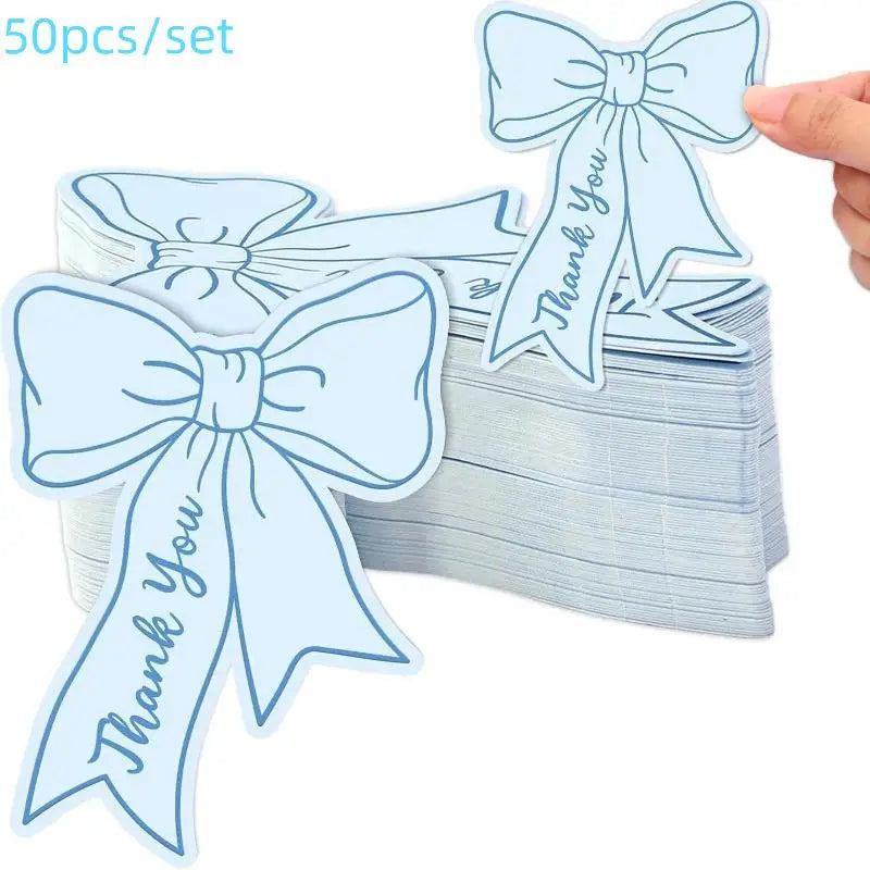 50pcs Bow DIY Handwritten Family Party Gift Card Child Birthday Gift Card Restaurant Business Mini Thank You Card Qme Blue