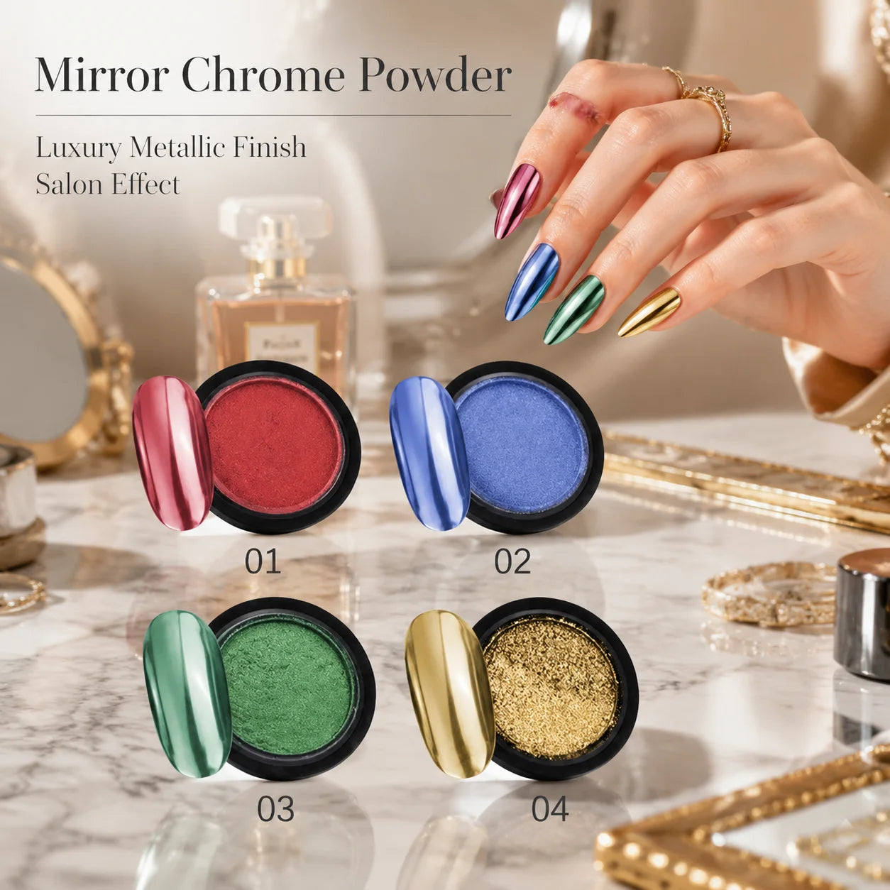 4-Color Magic Mirror Nail Powder Versatile Colors Glitter DIY Art Qme