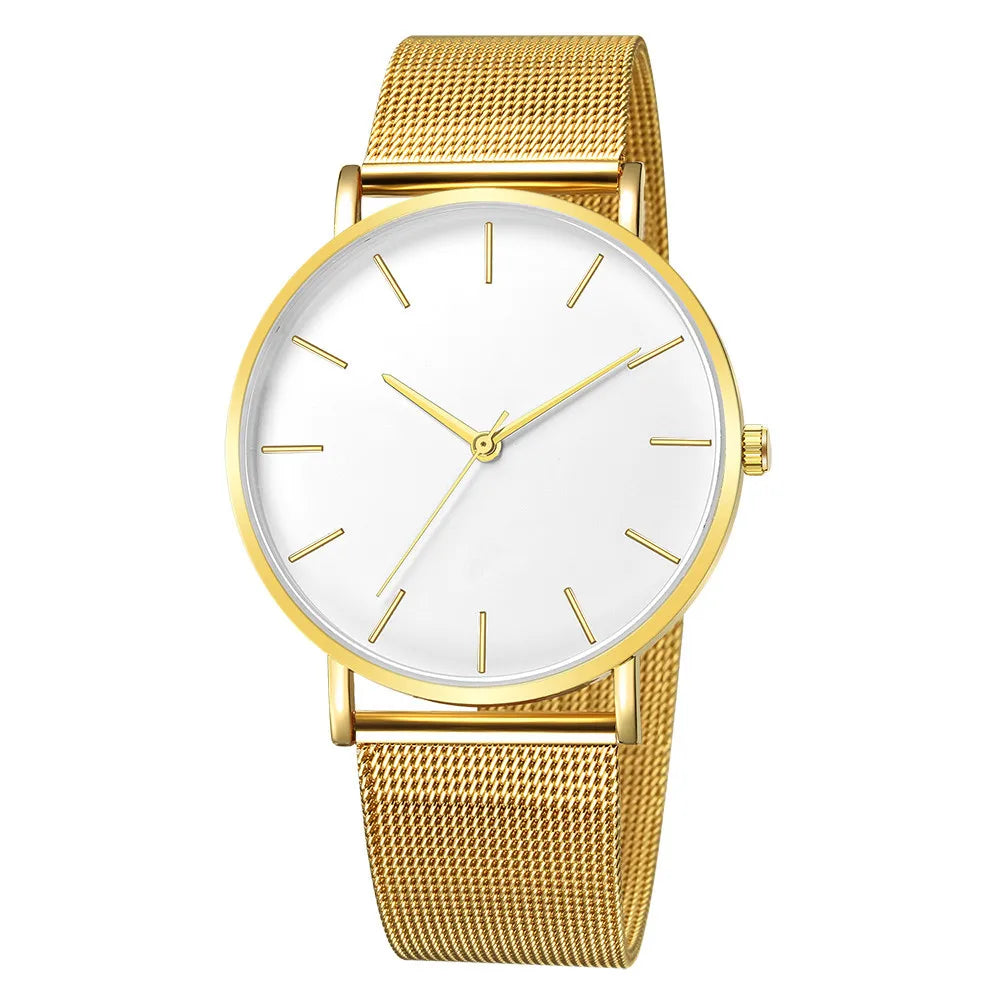 Reloj Mujer Ladies Fashion Metal Hour Casual Watch Simple Quartz Wrist Watch Female Black Mesh Stainless Steel Watch Saa Bracele Qme Gold white