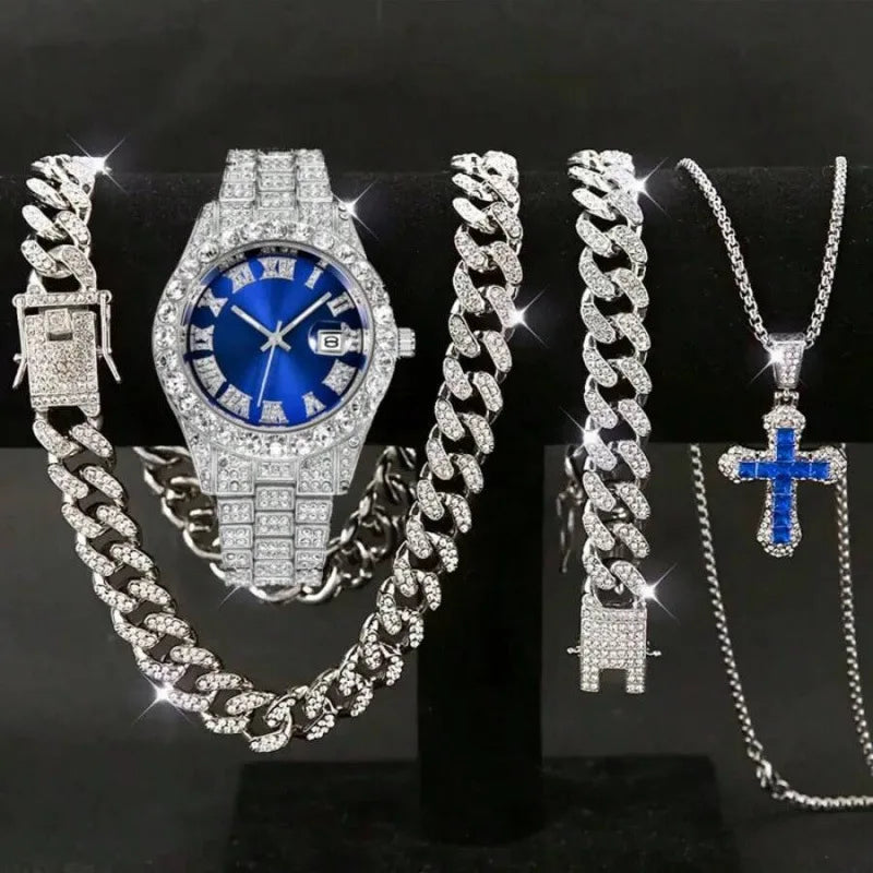 New tricolor watch set with diamonds, Cuban necklace bracelet, and cross four piece large dial Qme