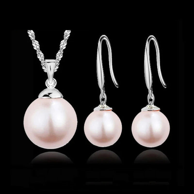 Elegant Bridal Jewely Set Pure Genuine 925 Sterling Silver Color White Pink Pearl Pendant Necklace Earring Women Party Gift Qme Pink