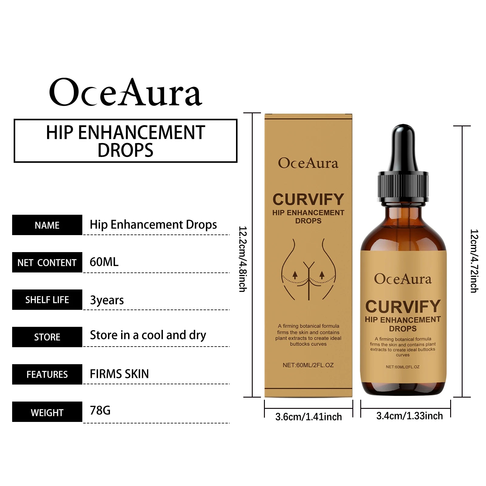 OceAura Curvify Hip Enhancement Drops Elasticity Boosting Hydrating Skin Shaping Hip Curves Body Firming Hip Lifting Serum 60ml Qme