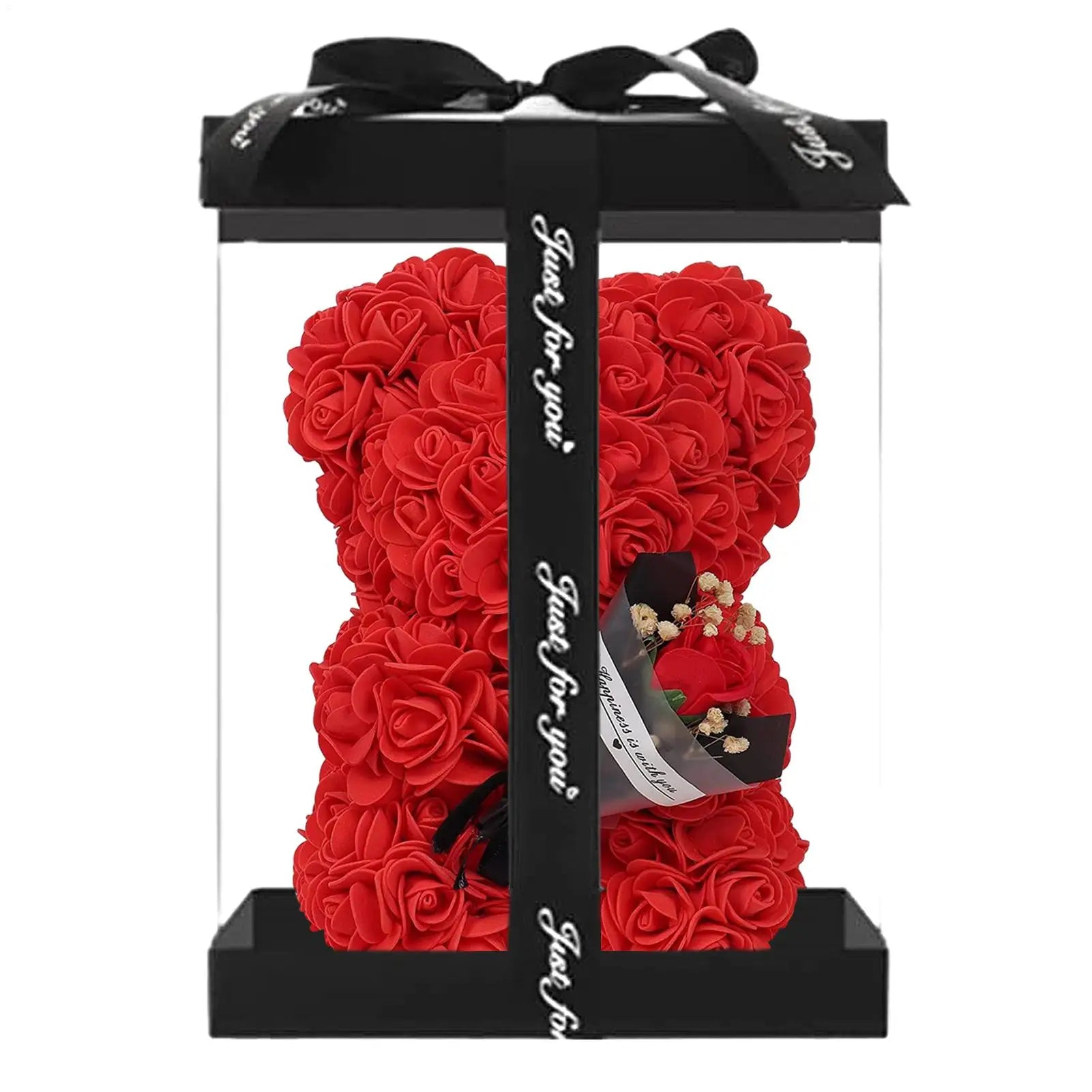 Flower Bear 9.45in Artificial Forever Flower Rose with Clear Box Romantic Gift for Her Handmade Valentine Bear for Home Decor Qme