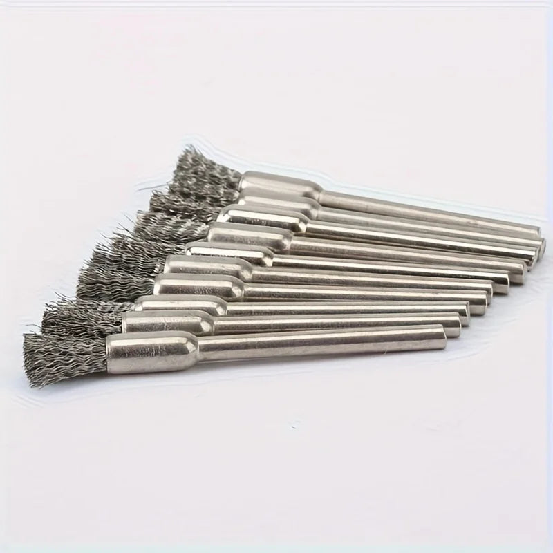 10-Piece stainless steel wire brush, 3mm round handle, uncharged cleaning, deburring and polishing brush for precision work Qme