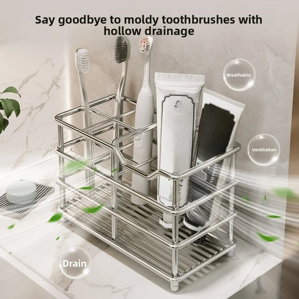 Freestanding Stainless Steel Toothbrush Toothpaste Holder Space Saving Bathroom Storage Rack For Household Washroom Countertop Qme