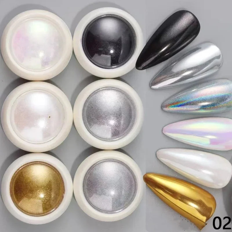 6 Box Moonlight Mirror Nail Powder Silver Fine Glitter Metallic Effect Pigment Gel Polish Chrome Holographic Nail Powder Qme A2
