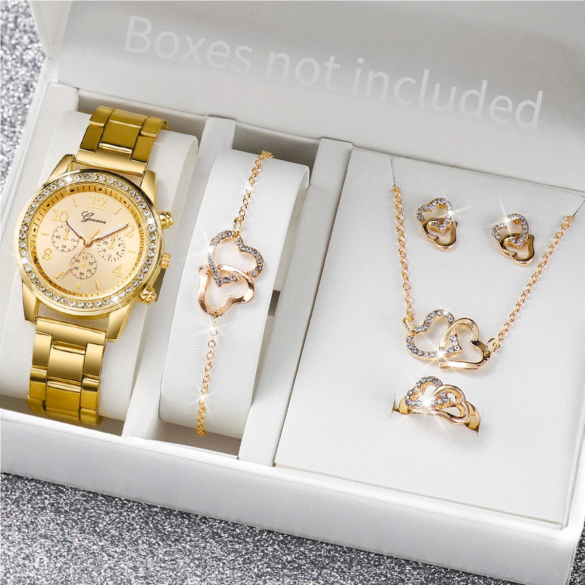 6PCS/Set Geneva Rose Gold Diamond Set Three Eyes Women's Steel Belt Watch Double Love Water Diamond Jewelry Five Piece Set Qme HH10642