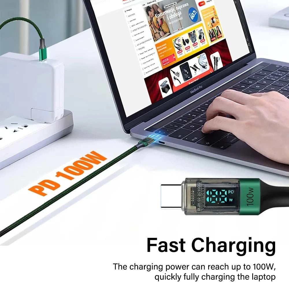 100W USB C Data Cable Digital Display USB C to C Data Cord 0.5M/1M/2M Quick Charge Type-C Charging Line for iPhone Huawei Xiaomi Qme