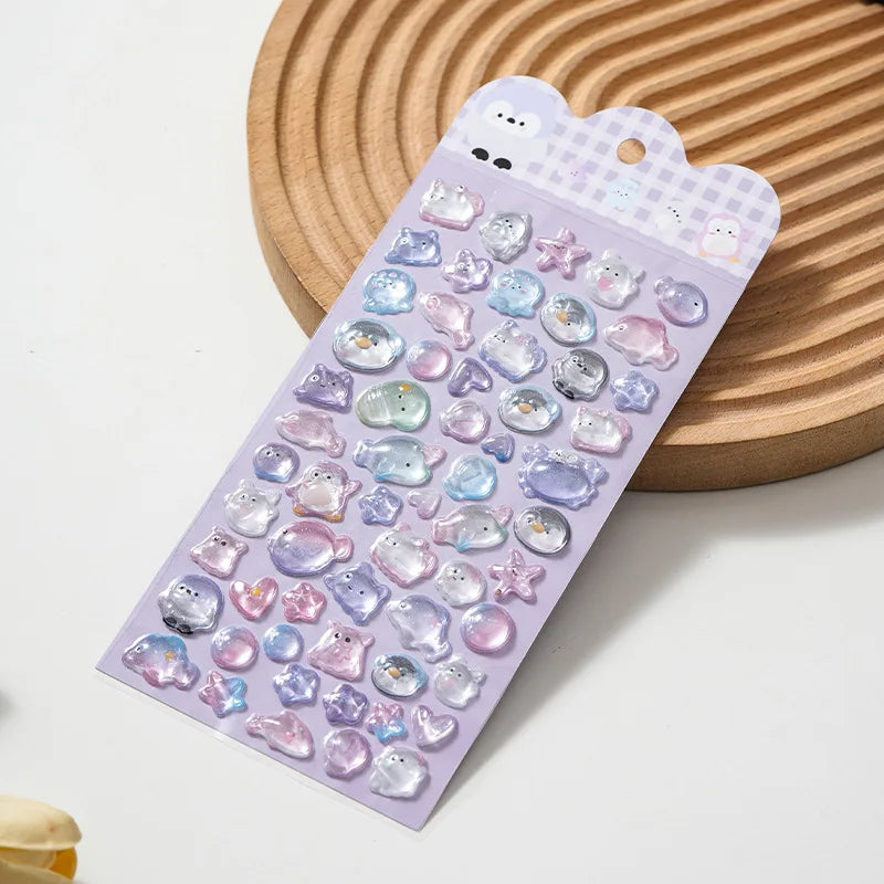 Cute Cartoon Animal 3D Solid Clear Crystal Embossed Stickers for DIY Scrapbook Phone Case Decoration Birthday Gift Reward Qme sea