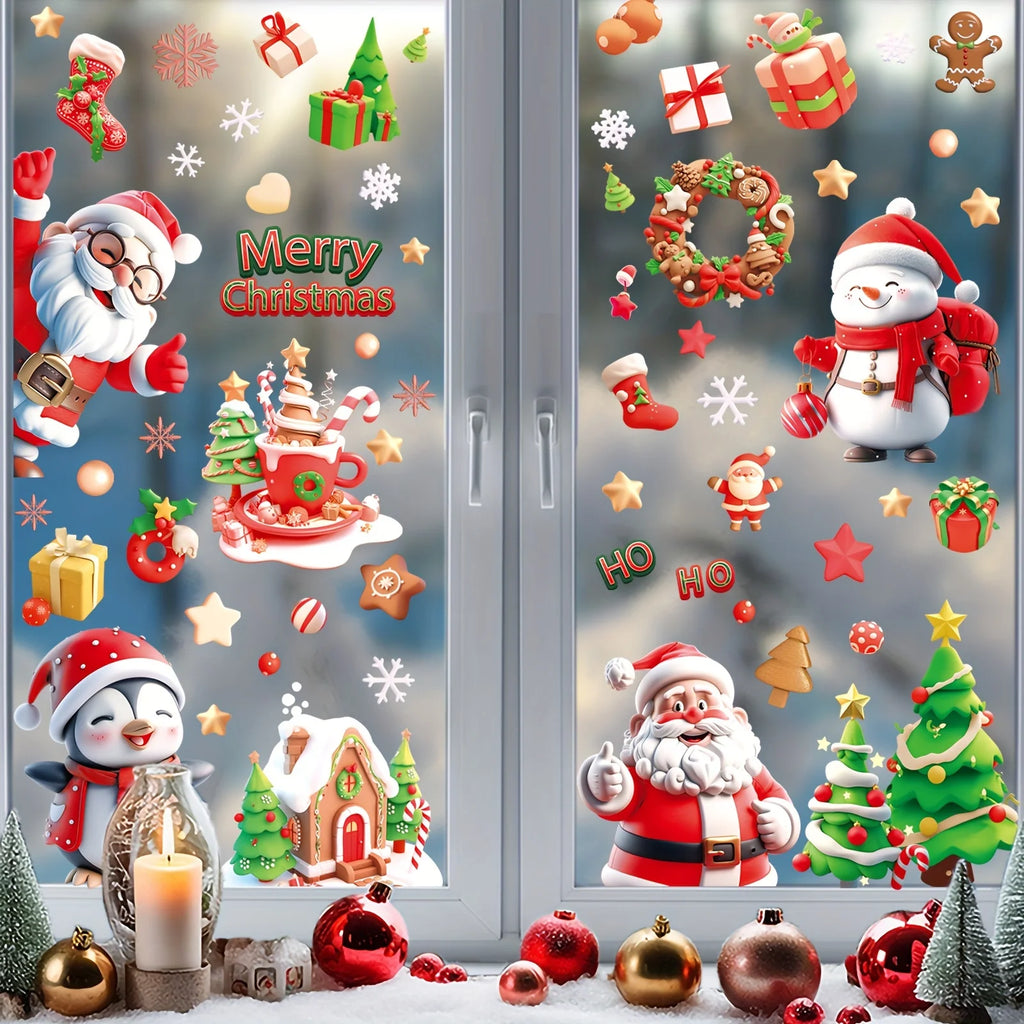 9 sheets/72 pieces, Santa Snowman glass stickers, Christmas tree refrigerator decoration stickers, double-sided window stickers, Qme