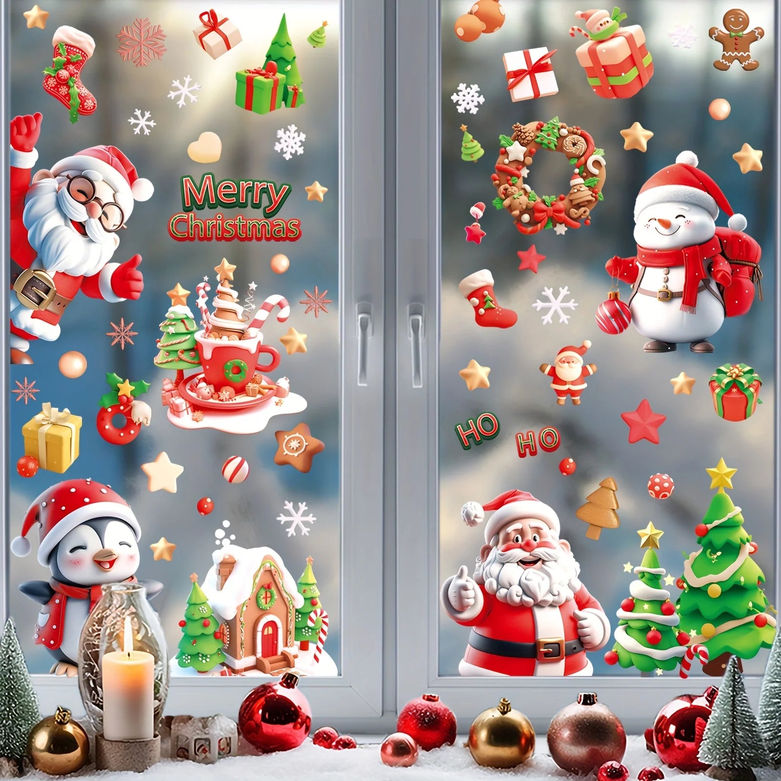 9 sheets/72 pieces, Santa Snowman glass stickers, Christmas tree refrigerator decoration stickers, double-sided window stickers, Qme
