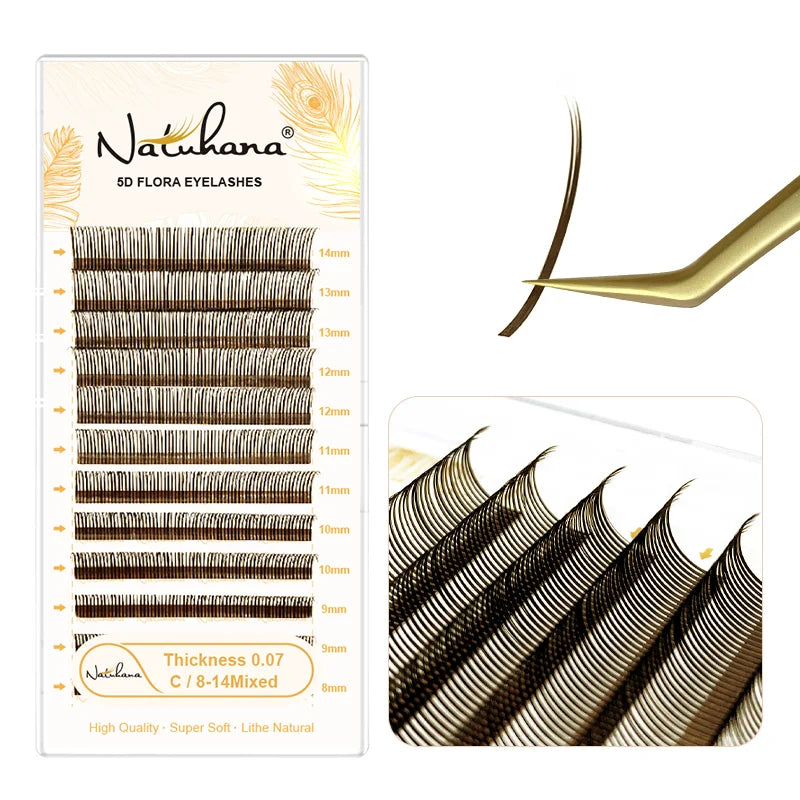 NATUHANA Brown Black Wet Eyelash Extension Spikes Lashes Manga Wispy Qme Brown 5D Flora D 0.07mm|15mm