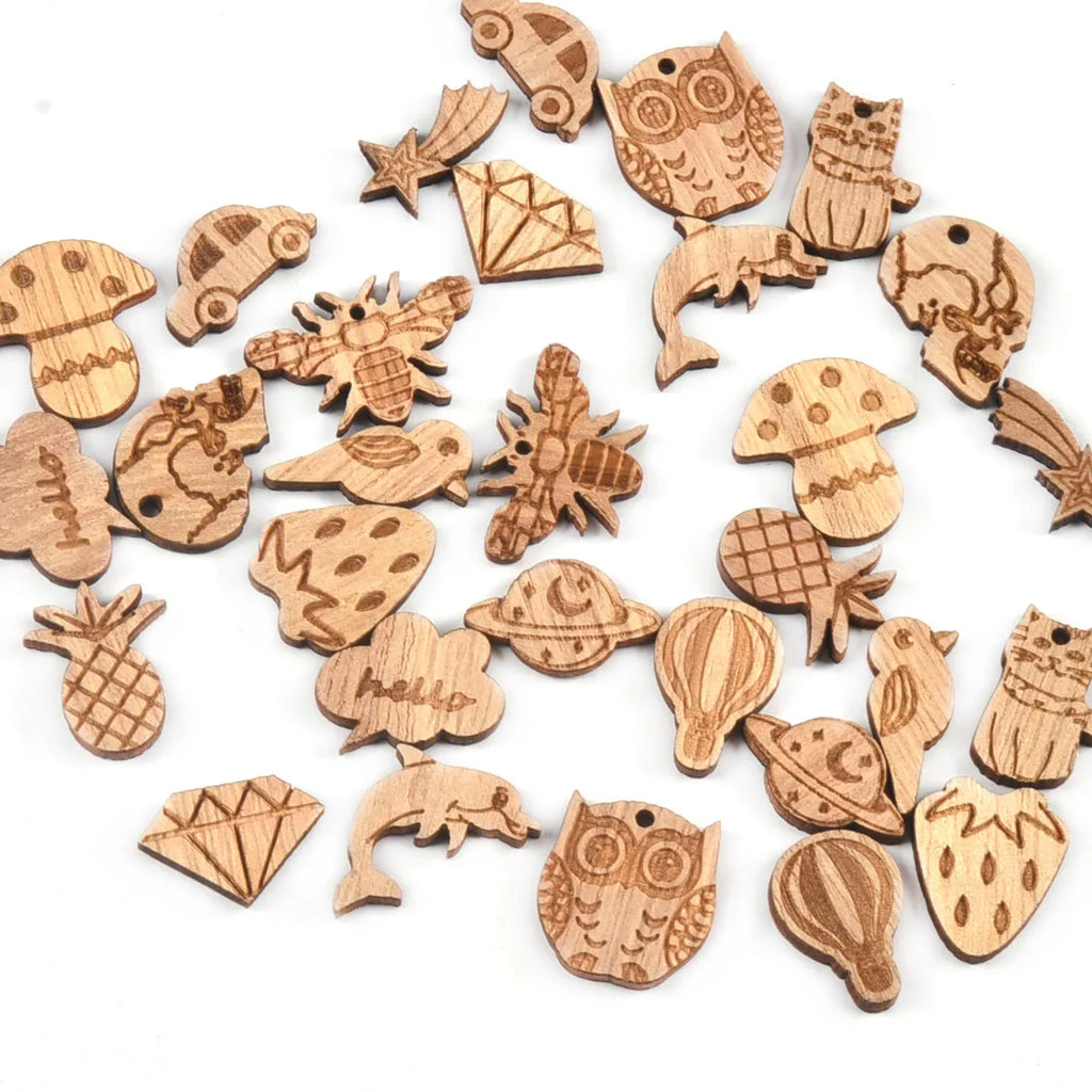 20Pcs 10-25mm Vintage Mix Pattern Bee/Cat/Mushroom/Diamond Wood Pendant Crafts DIY Scrapbook Handmade Supplies Hanging Ornaments Qme
