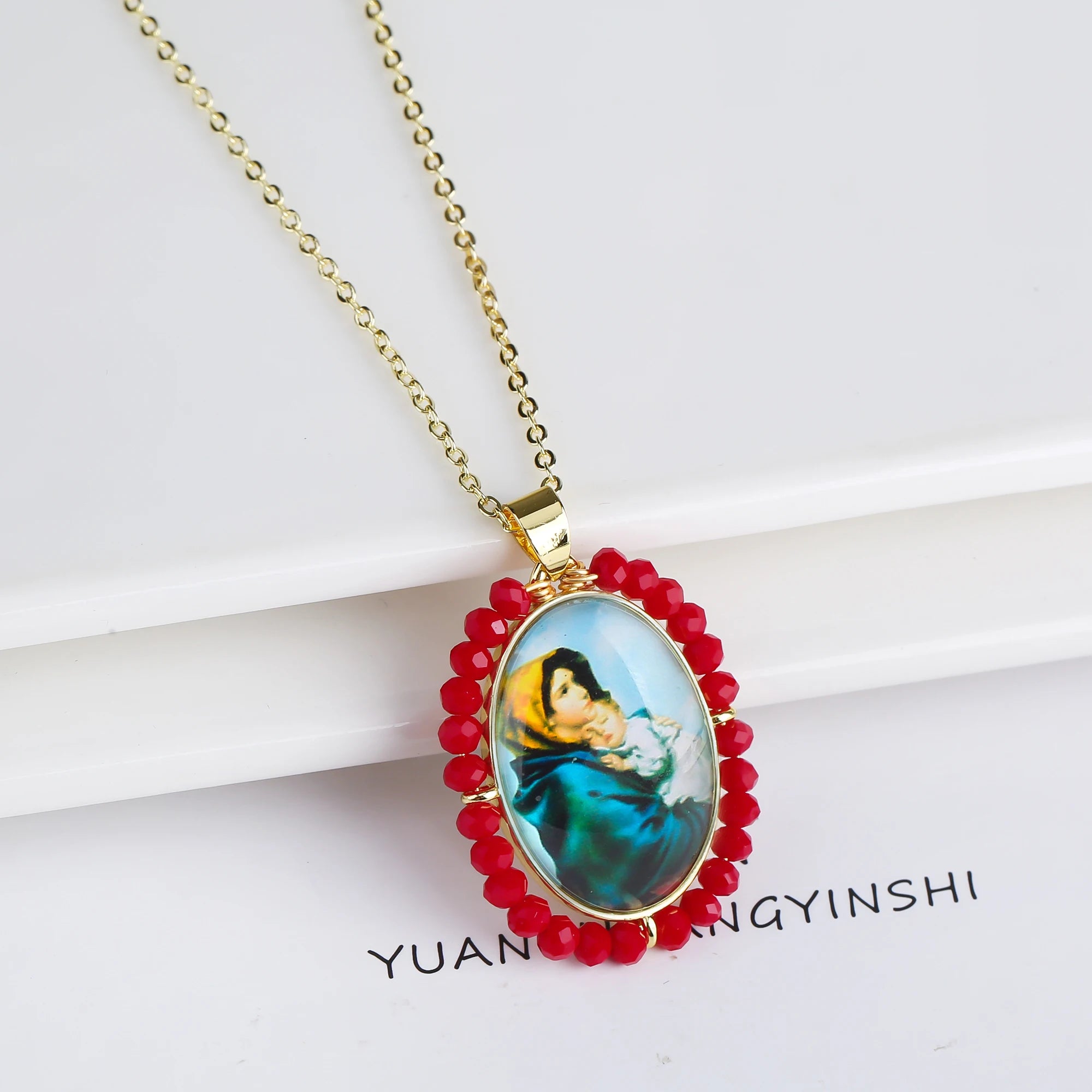 High Quality Hot Sale Religious Style Christian Catholic Image Pendant For Women Men Oval Shape Pave Beads Chain Choker Jewelry Qme 11
