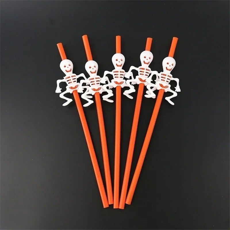 Halloween Cartoon Straws Skull Pumpkin Party Drinking Bar Home Qme orange and white