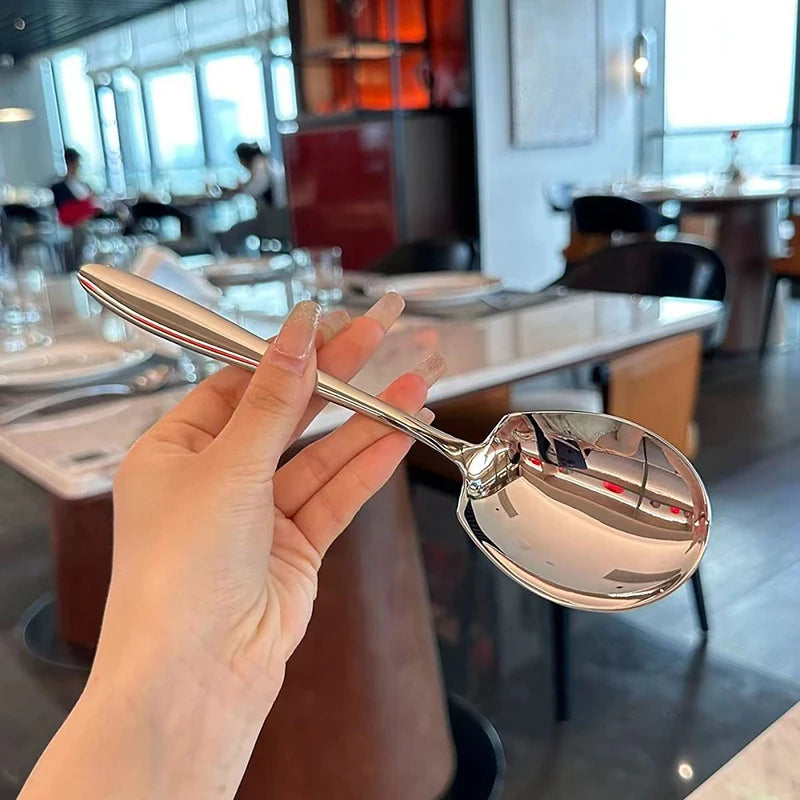 1Pc Stainless Steel Big Head Round Spoon Net Red Golden Long Handle Dinner Stirring Dessert Spoon Kitchen Accessories Gadget. Qme