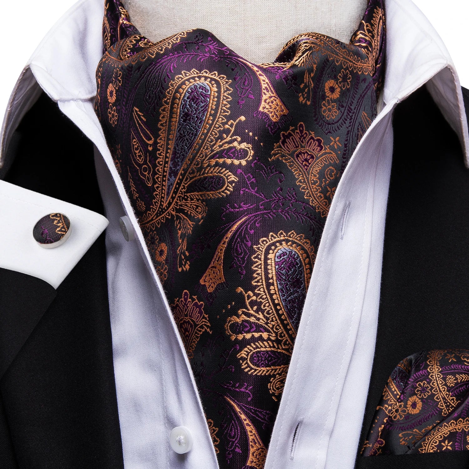 Hi-tie Silk Mens Ascot Pocket Square Cufflinks Jacquard Paisley