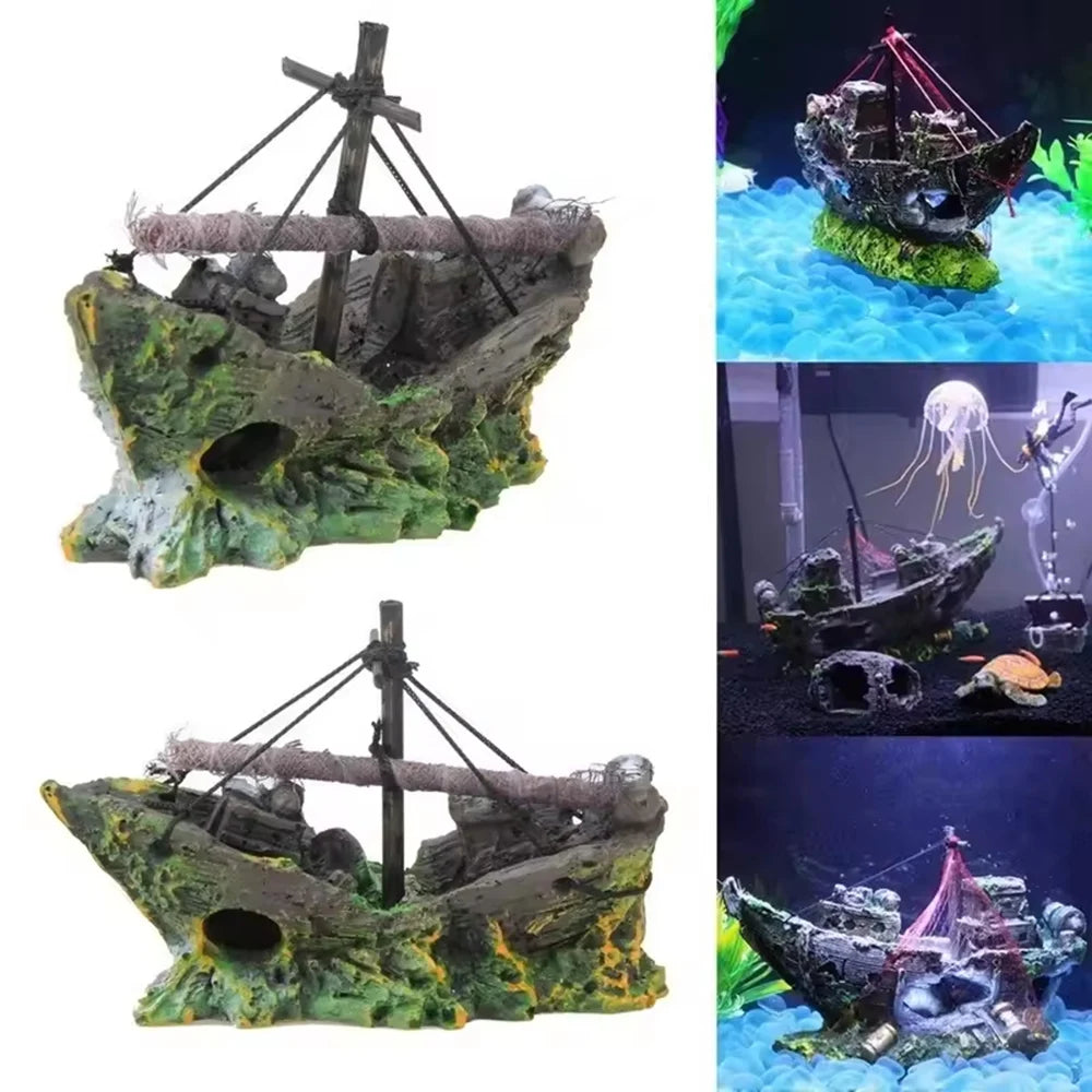 Random Style Fish Tank Shipwreck Pirate Ship Ornament Simulation Underwater World Fish Tank Landscape Ornament Resin Decoration Qme