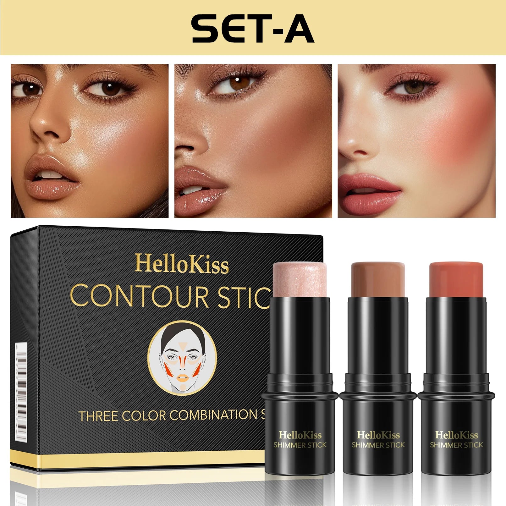 4pcs Contour Stick, Highlighter Stick, Blush Stick 4pcs Cream Contour Kit with Contour Brush, Create Face Contour, Non-greasy Qme 9504A