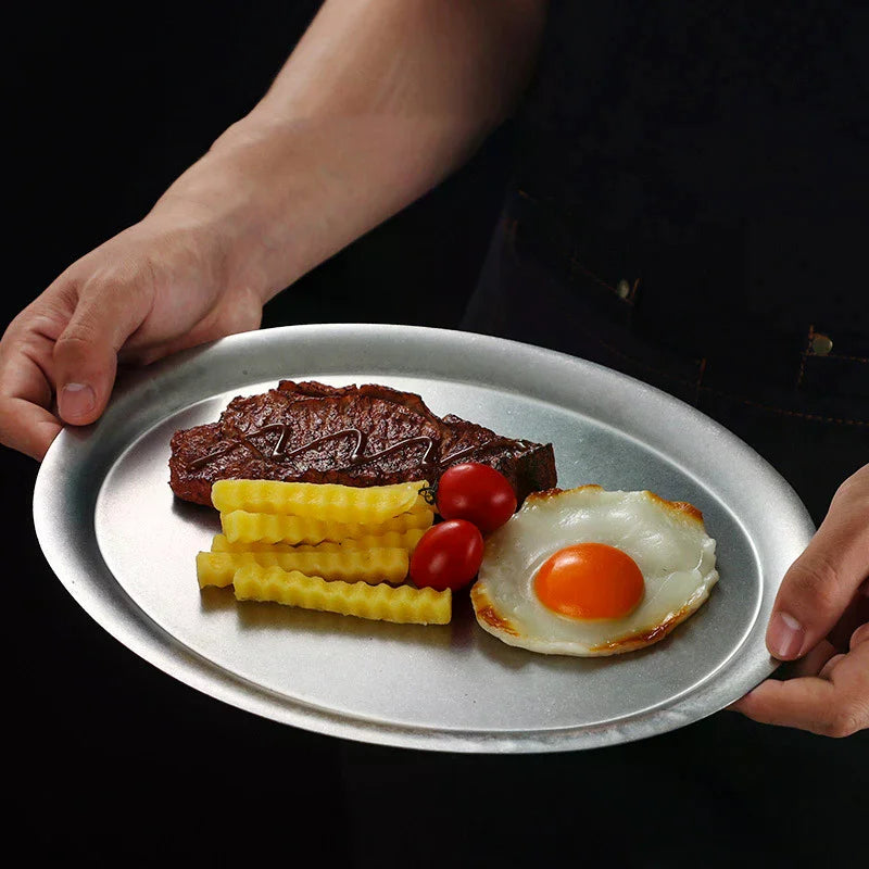 1 Pcs Japanese Vintage Oval 304 Stainless Steel Restaurant Plate Dessert Tray Kitchen Tableware Qme