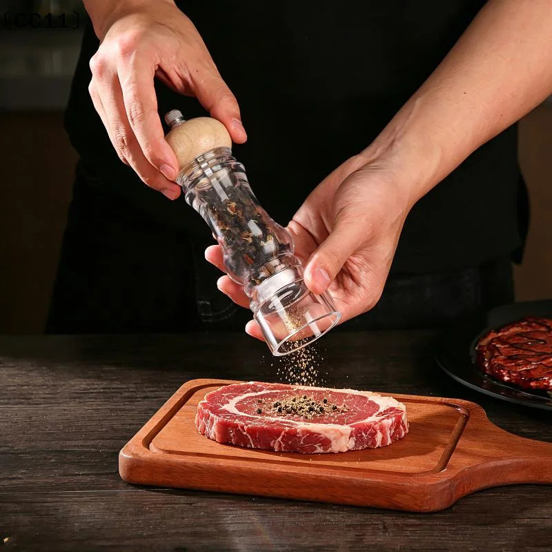 Wood Pepper Grinder Mill Acrylic Sea Salt Shaker Adjustable Qme